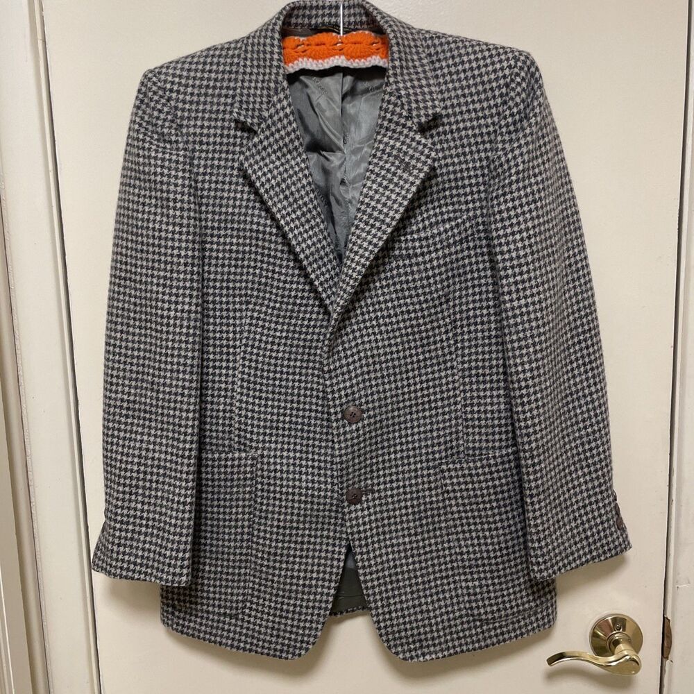 Vtg Adolfo Wool Houndstooth Jacket Blazer Button Up Womens Size M/L Gray Blue